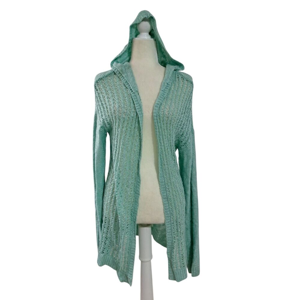 Arizona Women's Open Knit Long Sleeve Hoodie Cardigan Mint Green Size XL